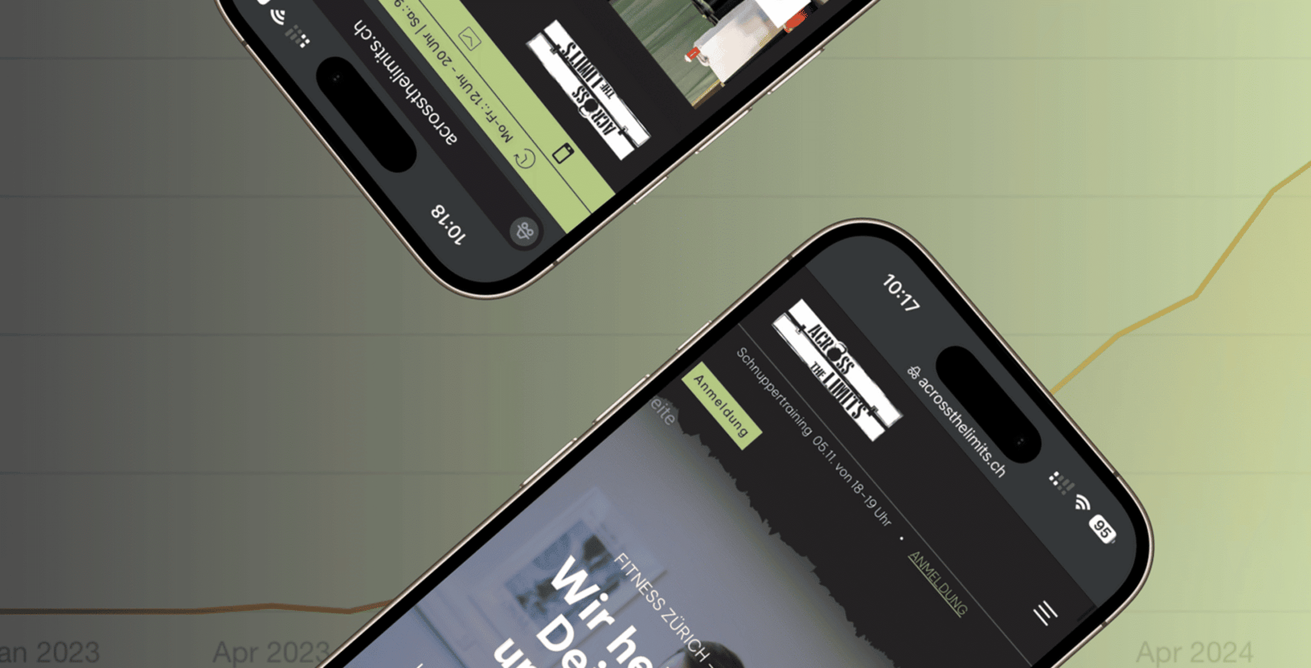 Auf zwei Smartphones wird eine Website in deutscher Sprache angezeigt, überlagert von einem Diagramm mit orangefarbenen Linien und Daten von Januar 2023 bis April 2024.