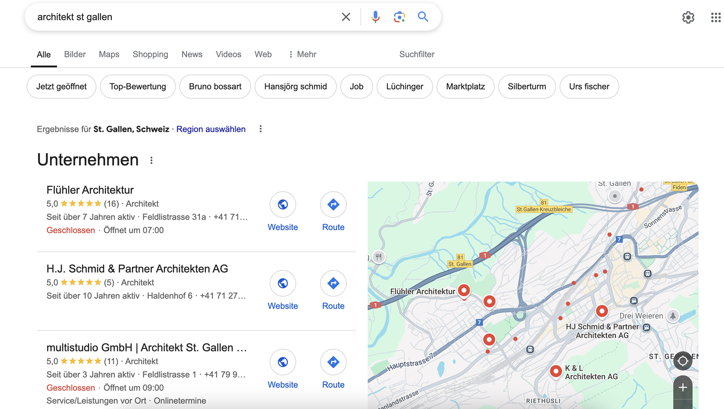 Screenshot einer Google-Suche nach "architekt st gallen", mit einer Liste von Architekturbüros auf der linken Seite und einer Karte mit deren Standorten auf der rechten Seite.