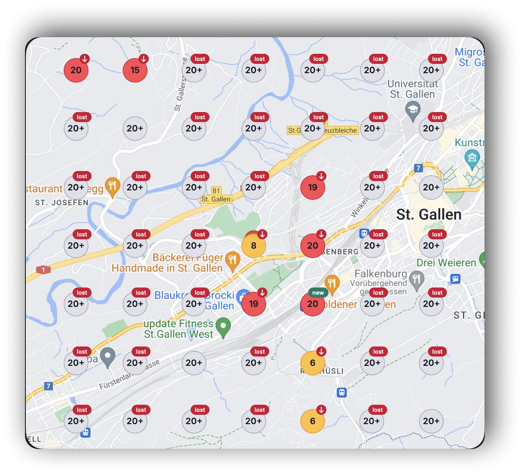 Eine Karte von St. Gallen zeigt verschiedene nummerierte rote Markierungen, die meisten mit "20+", einige wenige mit Nummern zwischen 6 und 19.