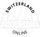 Rundes Logo mit dem Text „SWITZERLAND VAPE SHOP ONLINE“ und drei stilisierten Gebäuden, die in der Mitte Dampf ausstoßen.