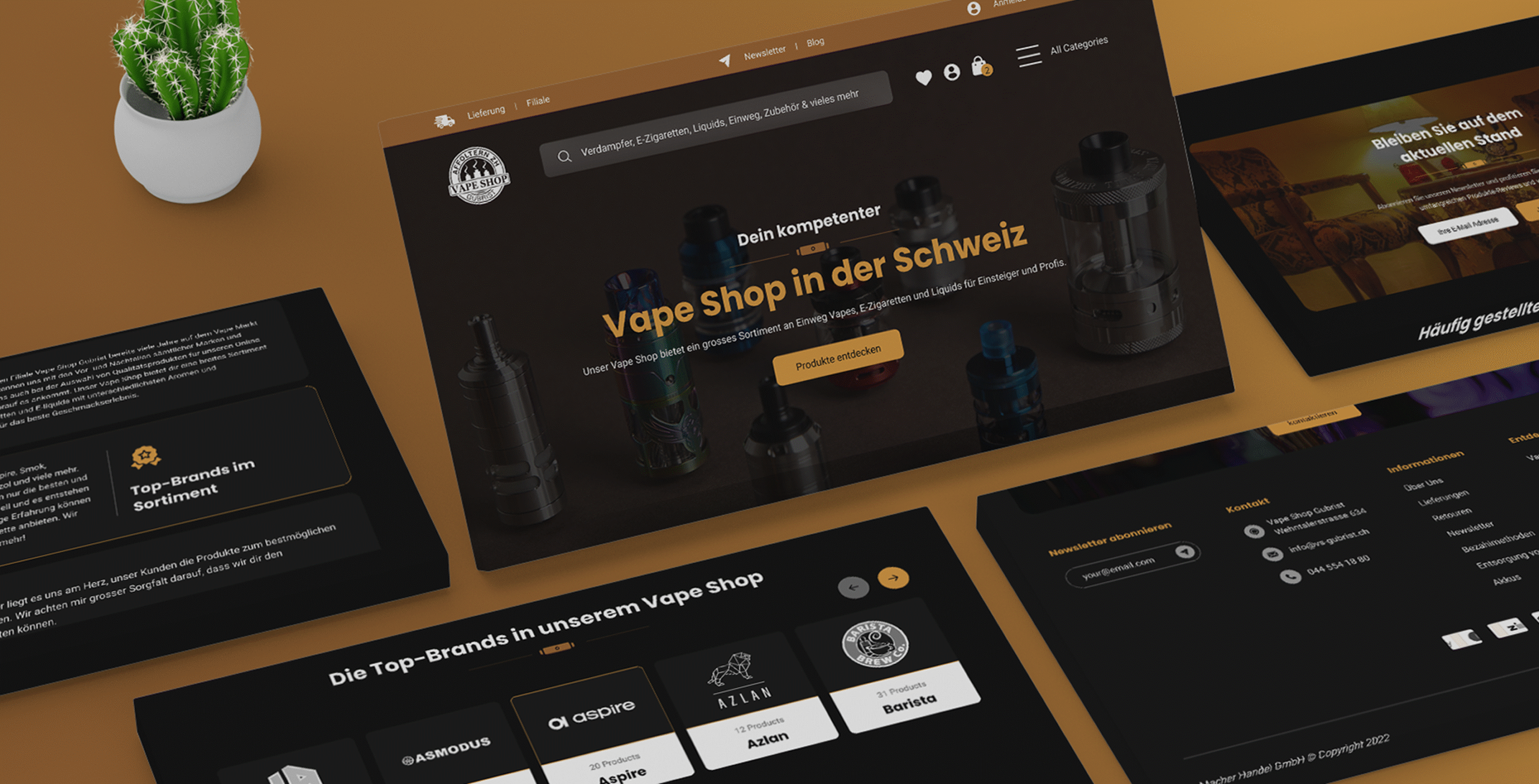 Ein digitales Mockup einer Vape-Shop-Website in deutscher Sprache mit Produktbildern, Navigationsmenüs und Markenlogos vor einem dunklen und braunen Hintergrund.