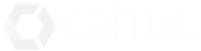 Weißes "cahuu"-Logo mit einem sechseckigen geometrischen Symbol auf der linken Seite, dargestellt auf einem transparenten Hintergrund.