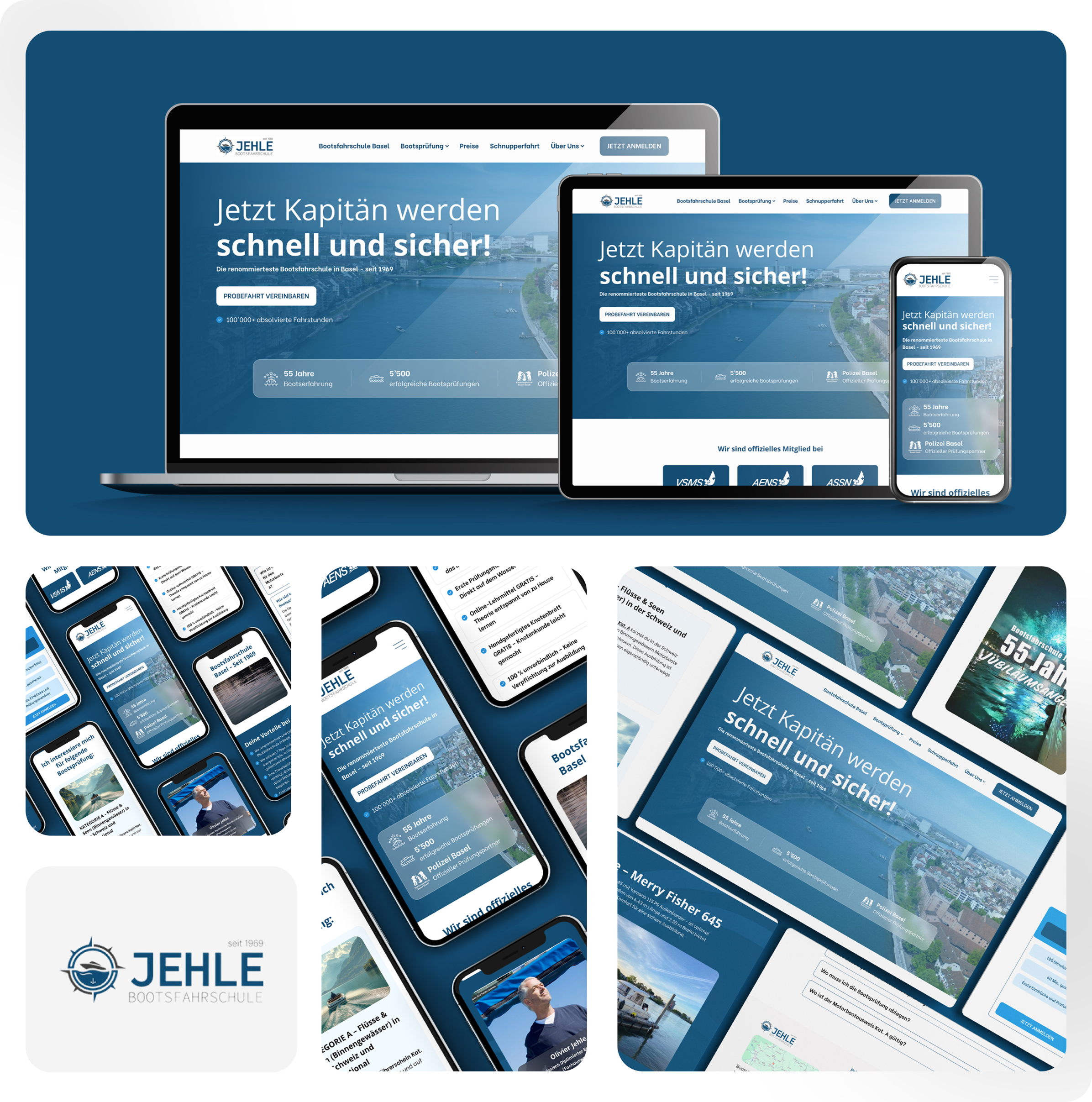 Das Bild zeigt verschiedene digitale Geräte, die die Website und die App-Oberfläche der JEHLE Bootsfahrschule anzeigen, mit blau-weißem Branding, Karten und Kursinformationen.