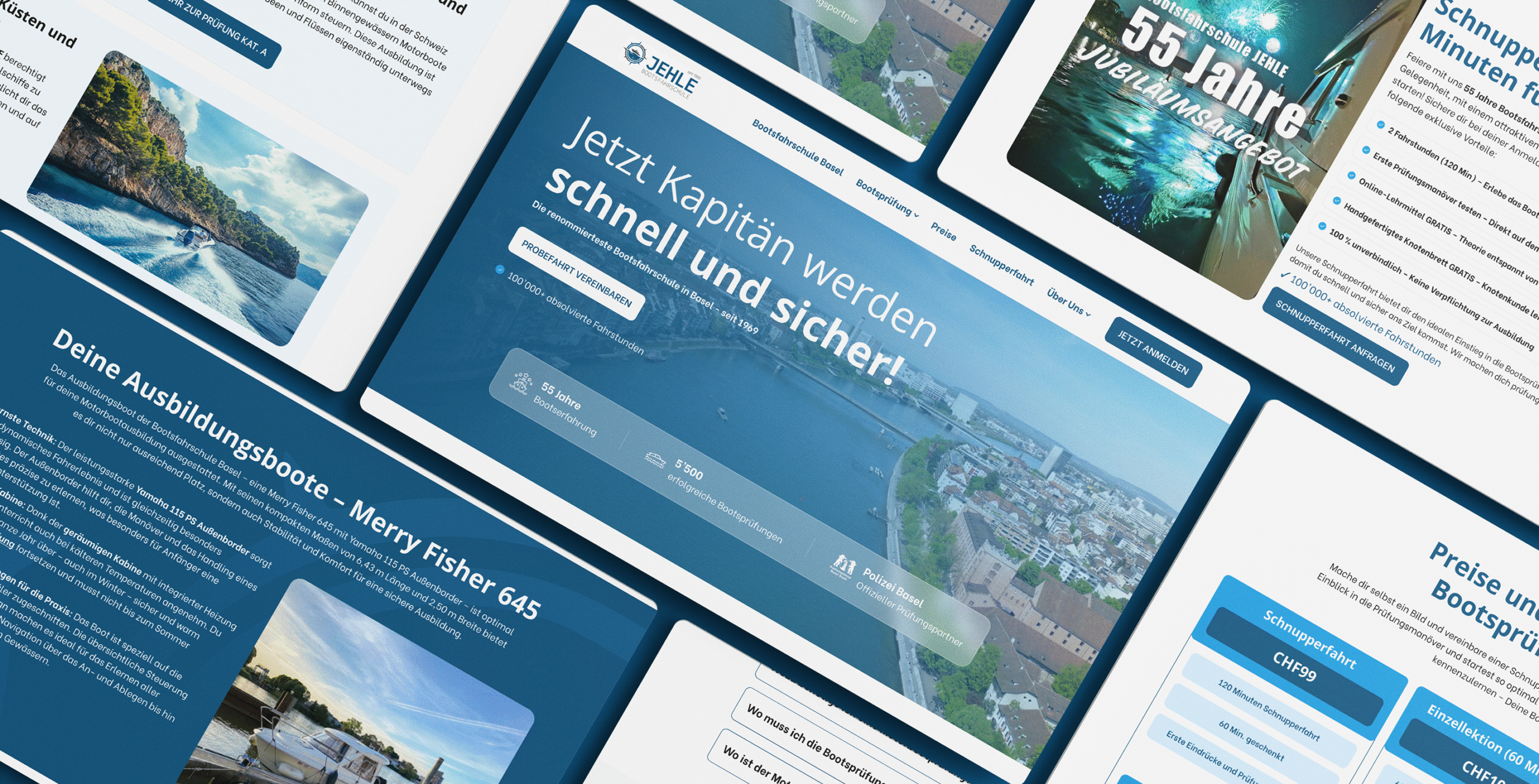 Eine Collage von Website-Bildschirmen zeigt Bootsfahrerkurse, Preise und Werbebanner, mit auffälligen blauen und weißen Designelementen und deutschem Text über die Ausbildung zum Bootsführer.