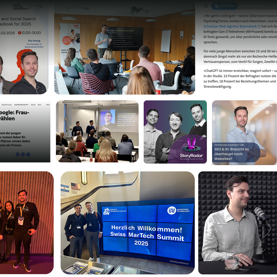Eine Fotocollage von einer professionellen Veranstaltung zeigt Referenten, Präsentationen, Networking und Event-Beschilderung für den Swiss MarTech Summit 2025.
